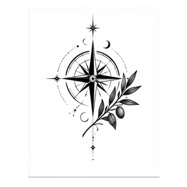 Compass and olive in Blackwork style