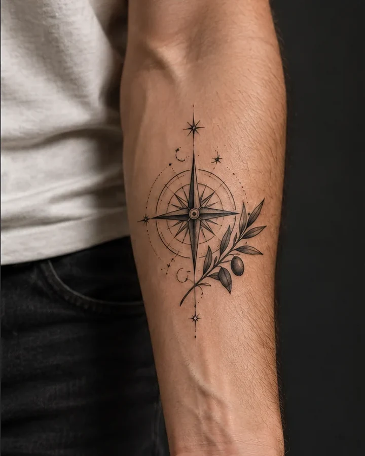 Compass and olive tattoo on the forearm
