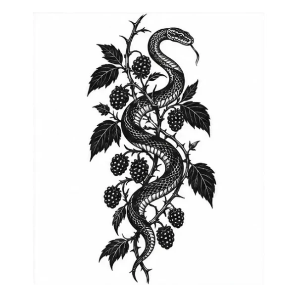 Snake and blackberry in Blackwork style