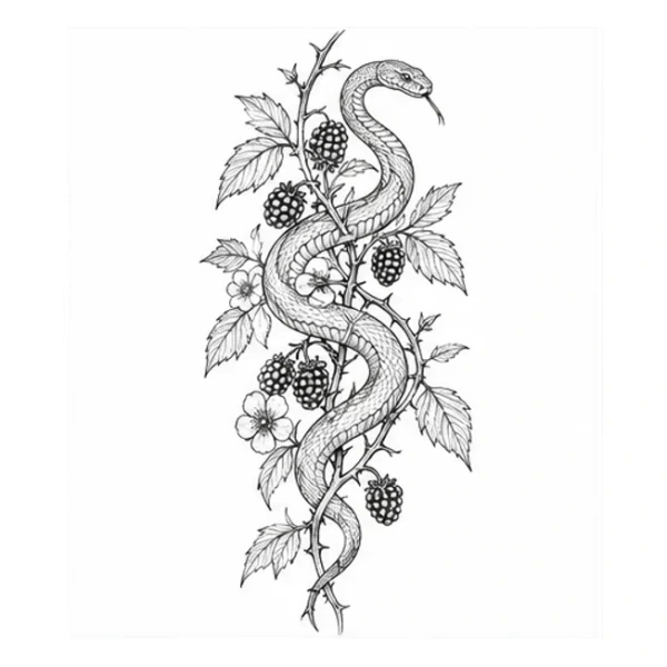 Snake and blackberry in Fine line style