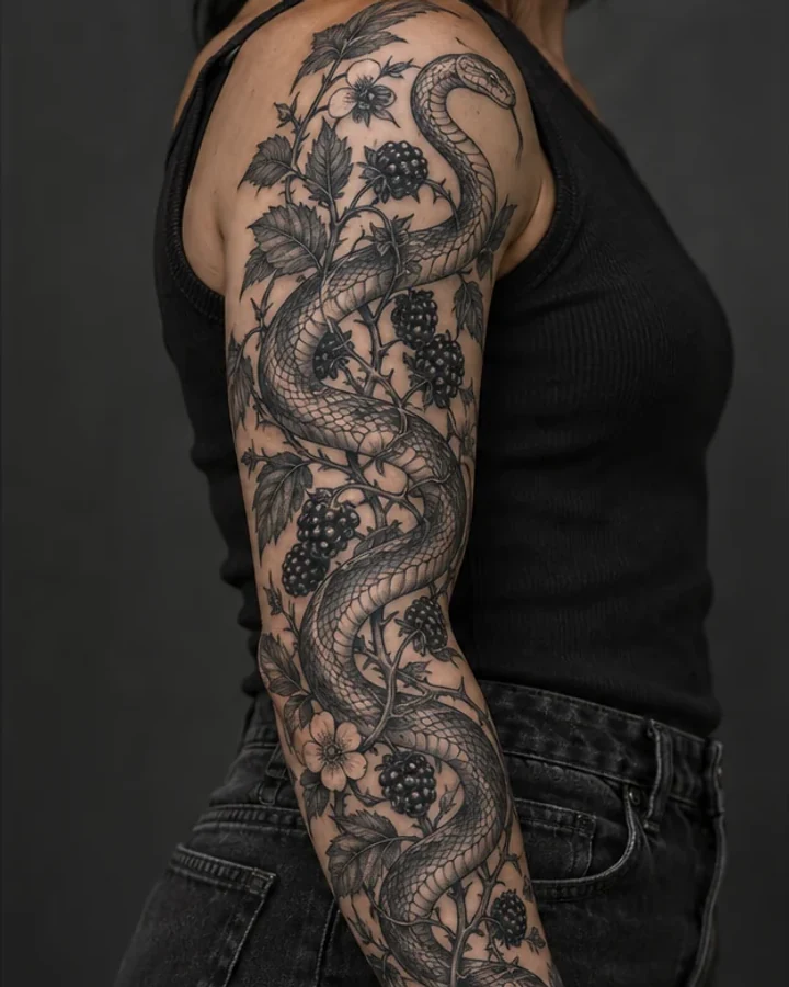 Snake and blackberry tattoo on the upper arm