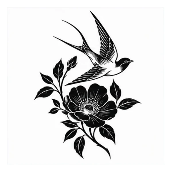 Rose and swallow in Blackwork style