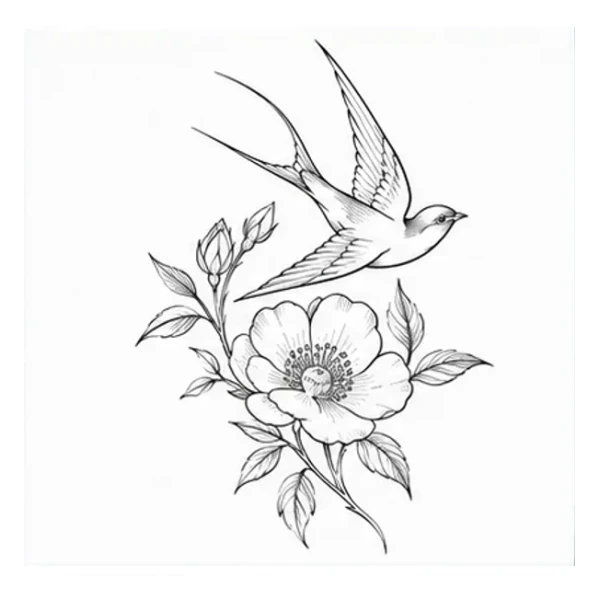Rose and swallow in Fine line style