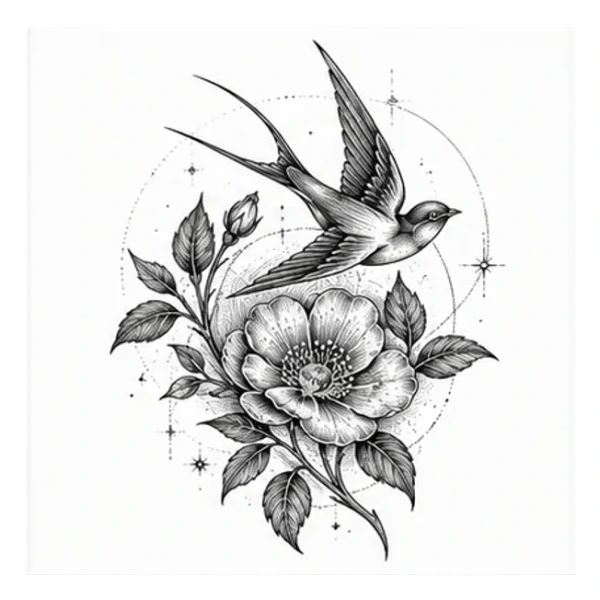 Rose and swallow in Ornamental style
