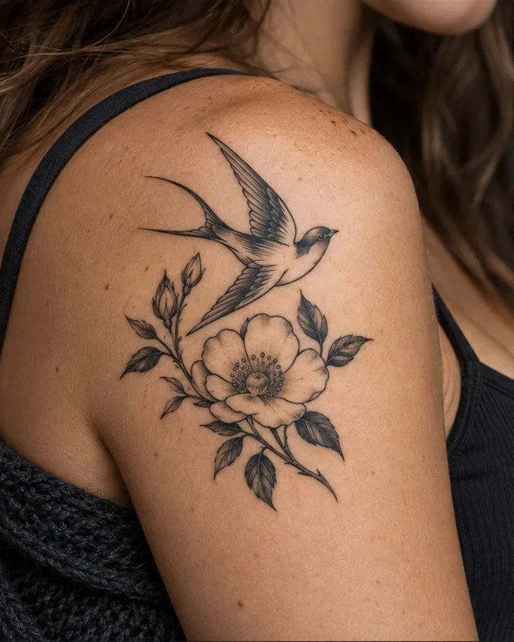 Rose and swallow tattoo on the shoulder