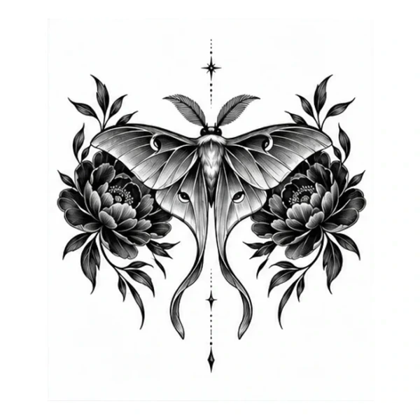 Luna moth and peonies in Blackwork style