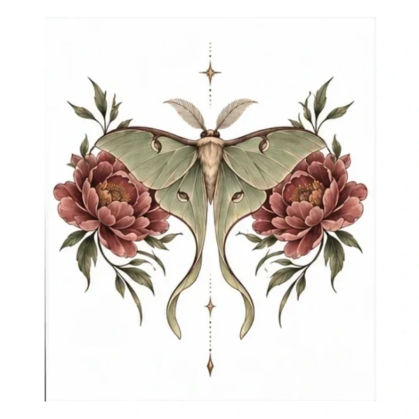 Luna moth and peonies in Color style