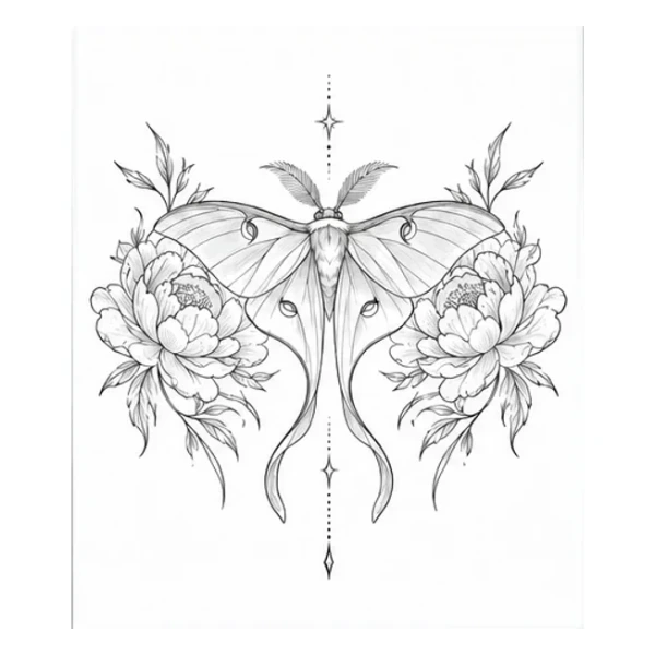 Luna moth and peonies in Fine line style