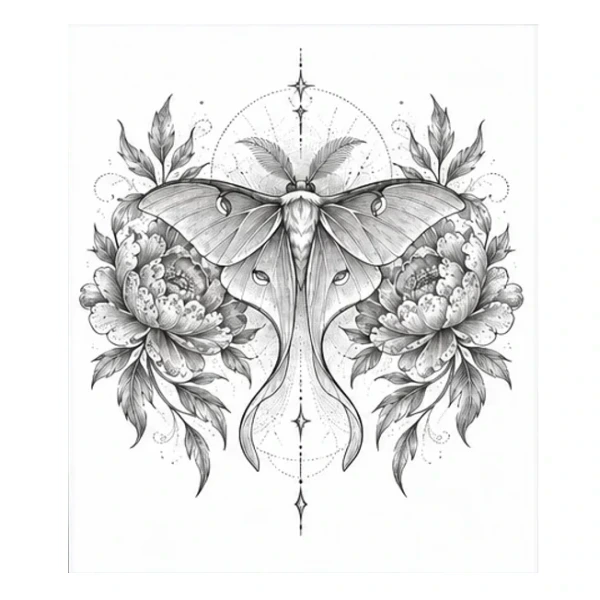 Luna moth and peonies in Ornamental style
