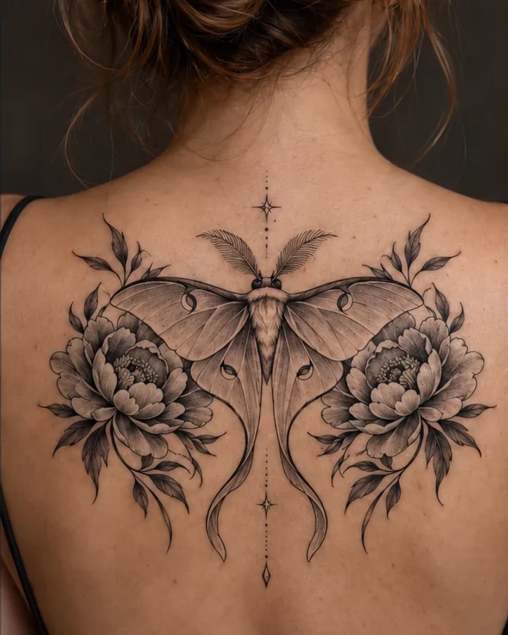 Luna moth and peonies tattoo on the upper back