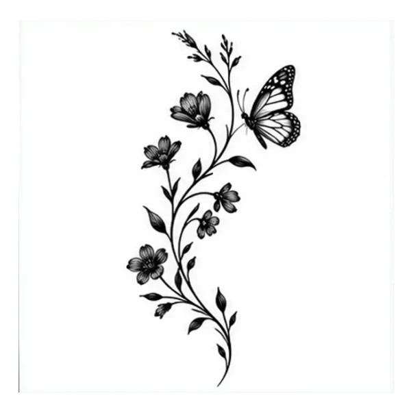 Wildflowers and butterfly in Blackwork style