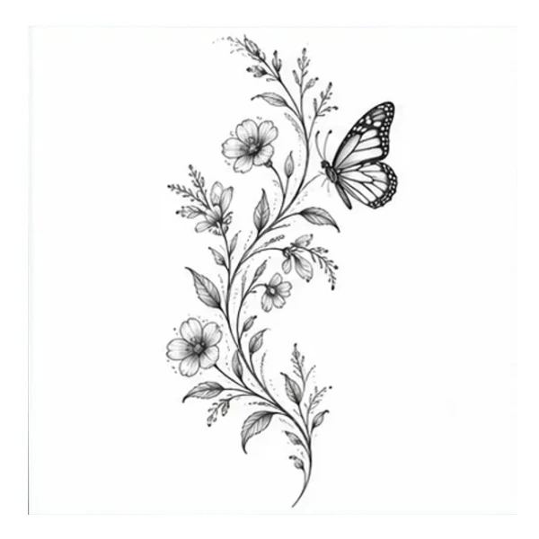 Wildflowers and butterfly in Ornamental style