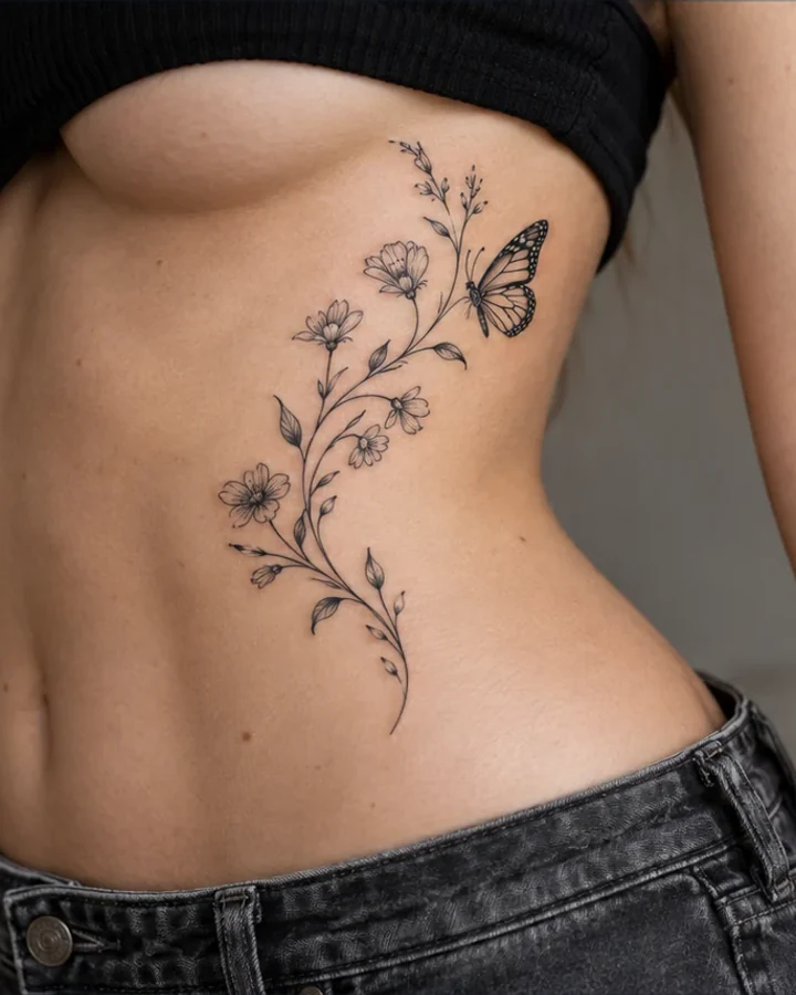 Wildflowers and butterfly tattoo on the waist