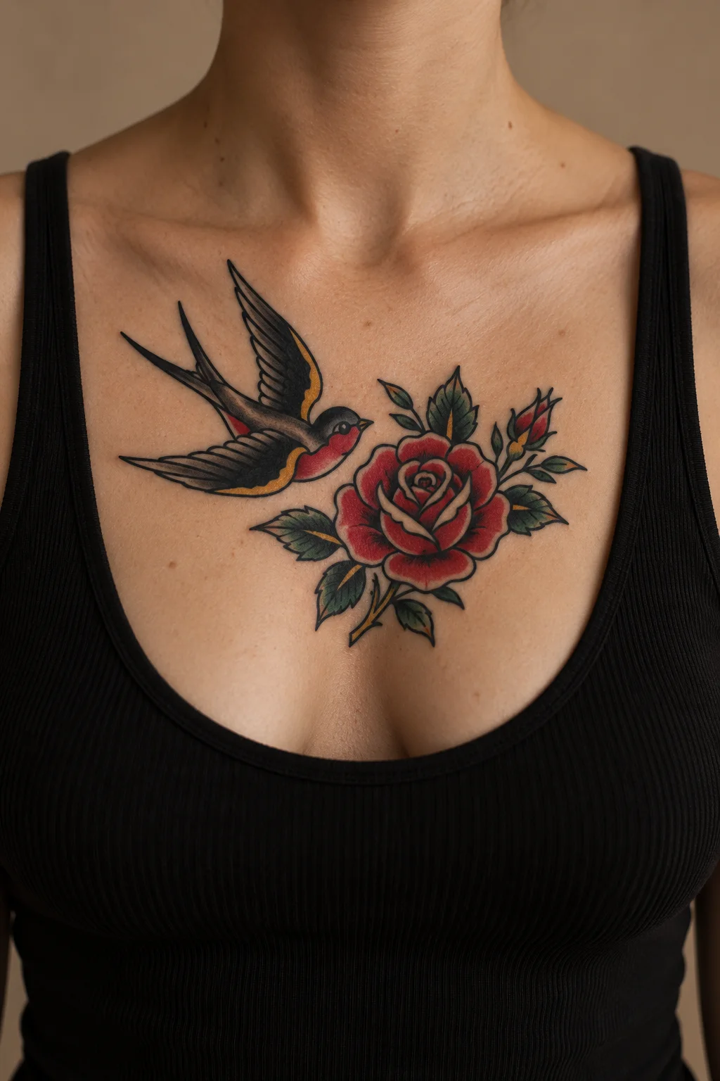 American traditional swallow and rose tattoo across an upper chest