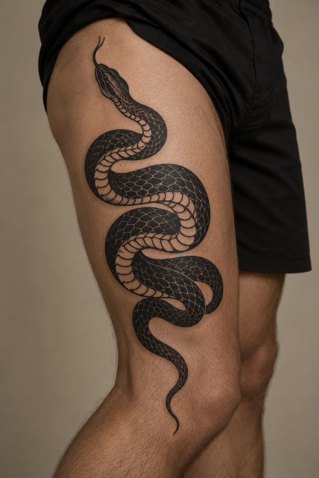 Blackwork snake tattoo following the curve of an outer thigh