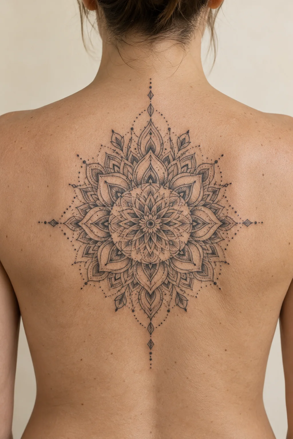 Geometric ornamental mandala tattoo centered on an upper back