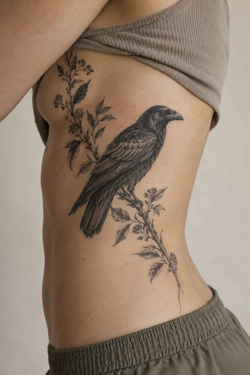 Illustrative raven and botanical branch tattoo along the ribs
