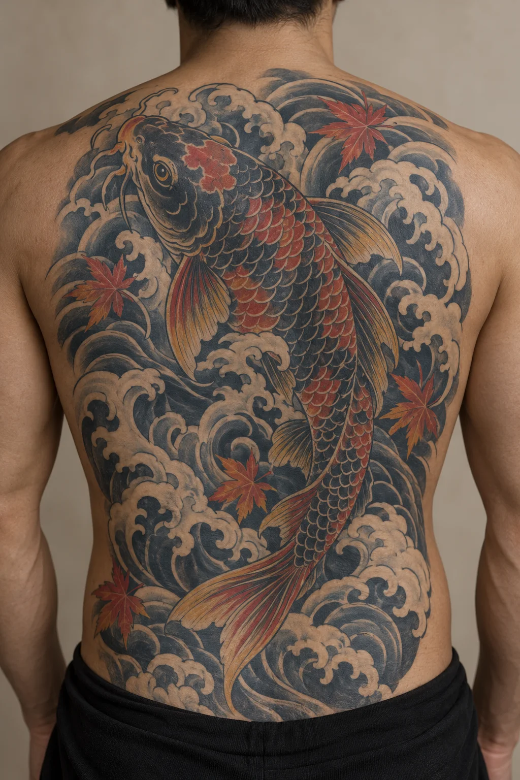 Japanese koi and waves tattoo flowing across an upper back