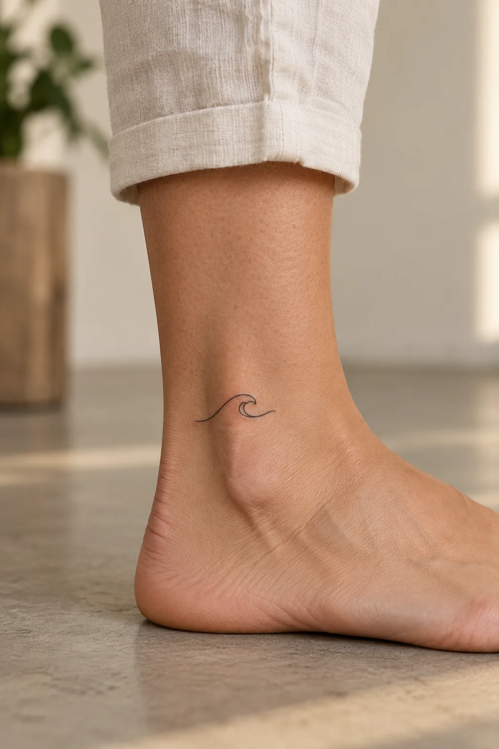 Minimalist ocean wave tattoo beside an ankle bone