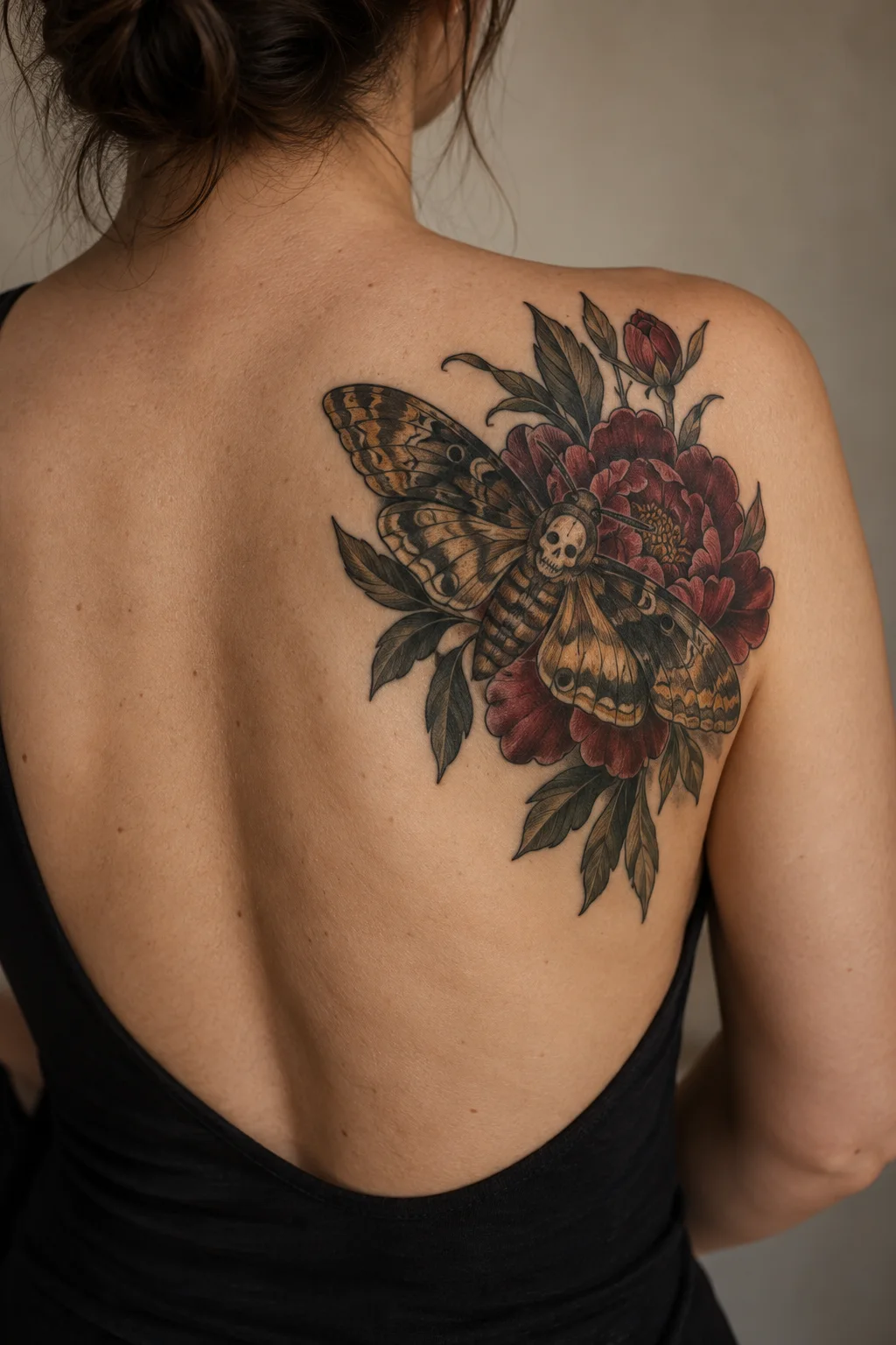 Neo-traditional moth and peony tattoo on a shoulder blade