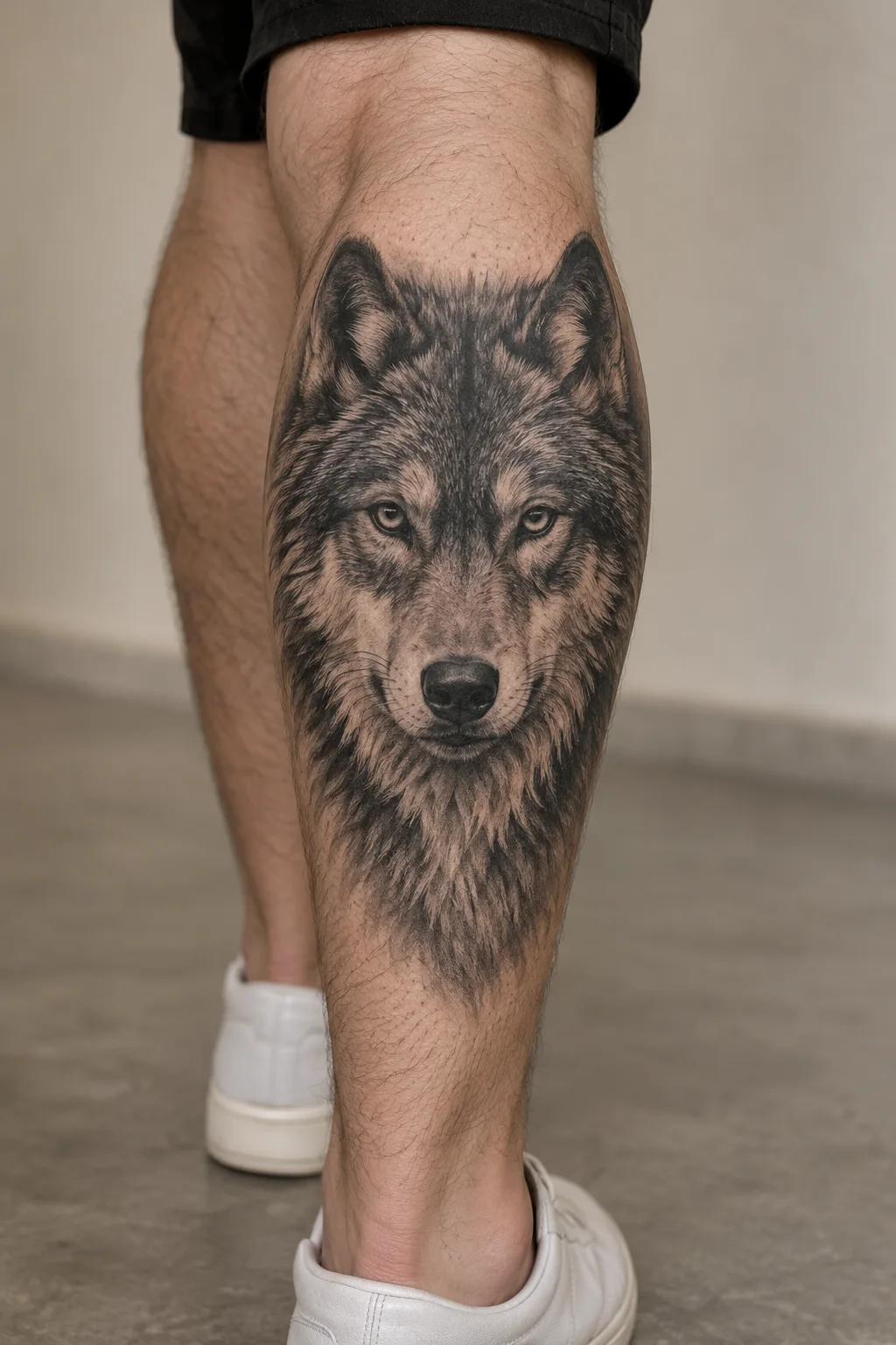 Black-and-grey realism wolf portrait tattoo on an outer calf