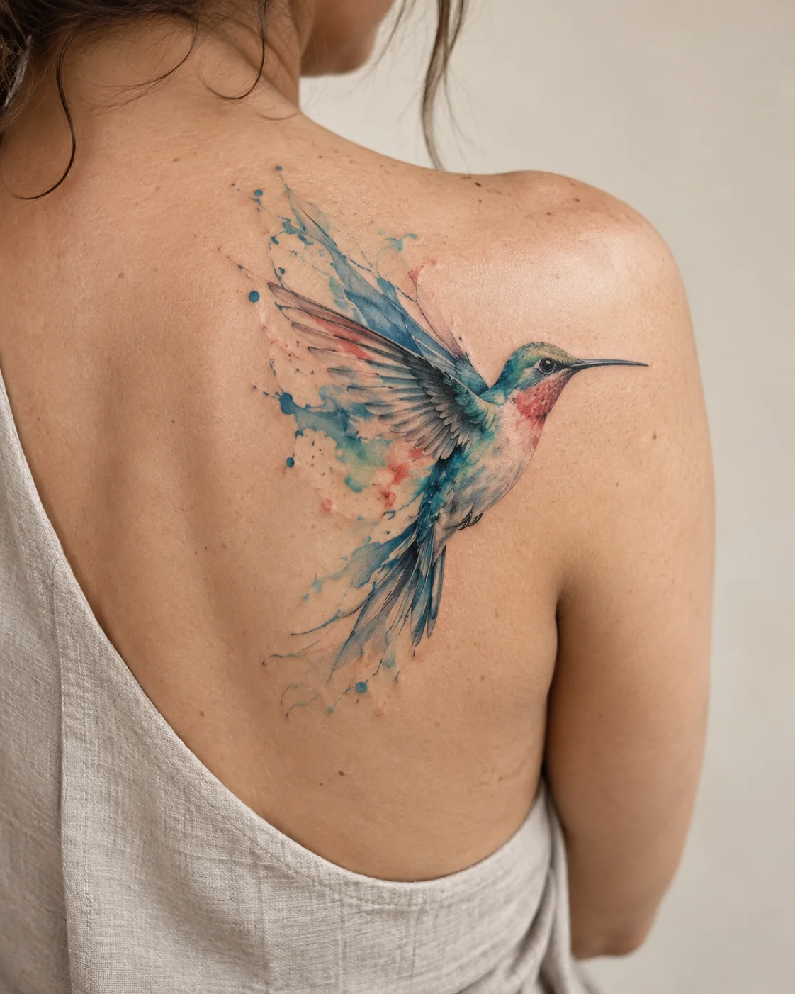 Watercolor hummingbird tattoo on a shoulder blade